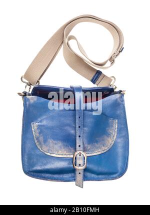 open blue leather handbag with textile strap isolated on white background Stock Photo