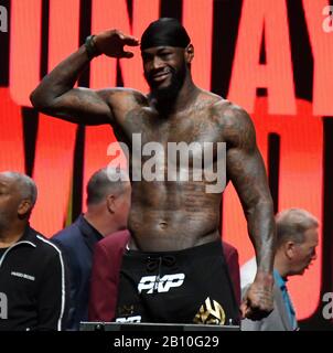 LAS VEGAS, NV - FEBRUARY 21:   Deontay Wilder as he weighs in at 231 pounds at todays weigh-in at MGM Grand Hotel on Friday February 21, 2020.  Deontay Wilder    will be fighting Tyson Fury for the second time Saturday for the world heavyweight championship Saturday in Las Vegas, Nevada. MB Media Stock Photo