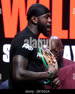 LAS VEGAS, NV - FEBRUARY 21: Deontay Wilder yells at Tyson Fury as the two were kept apart from facing off during todays weigh-in at MGM Grand Hotel Friday February 21, 2020. Tyson Fury  will be fighting Deontay Wilder  for the second time Saturday for the world heavyweight championship Saturday in Las Vegas, Nevada.  MB Media Stock Photo