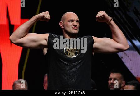 LAS VEGAS, NV - FEBRUARY 21:  Tyson Fury weighs in at 173 pounds at todays weigh-in at MGM Grand Hotel Friday February 21, 2020. Tyson Fury will be fighting Deontay Wilder  for the second time Saturday for the world heavyweight championship Saturday in Las Vegas, Nevada.MB Media Stock Photo