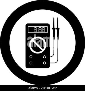 Digital multimeter for measuring electrical indicators AC DC voltage amperage ohmmeter power with probes icon in circle round black color vector Stock Vector