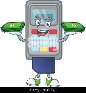 rich and famous POS machine cartoon character with money on hands Stock Vector