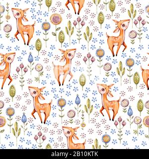 Woodland nursery watercolor seamless pattern, great design for fabric, wallpaper, baby shower, birthday party. Stock Photo