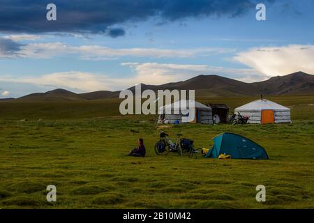 Camping next to traditional yurts in the Mongolian steppe, Mongolia Stock Photo