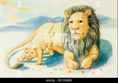 Watercolor painting illustration lovely  cartoon  of  lion and baby in mountain background. Stock Photo