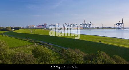 View from the Ochsenturm to the container port of Bremerhaven, Lower Saxony, Germany Stock Photo