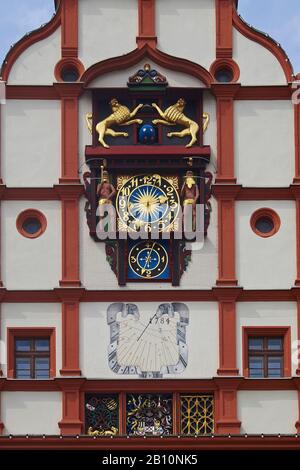 Clock detail at the town hall on the Altmarkt in Plauen, Vogtland, Saxony, Germany Stock Photo