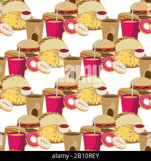 fast food set hamburger hot dog drinks French fries donuts burrito seamless background white. Vector image. Stock Vector