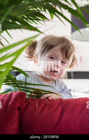 Little girl is playing with houseplant Stock Photo