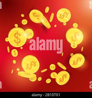 Spinning flying gold coins on red background. Stock Vector
