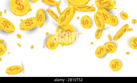 Spinning flying gold coins on white background. Stock Vector