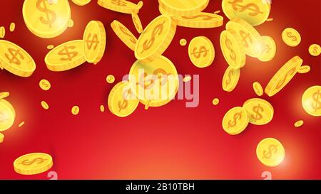 Spinning flying gold coins on red background. Stock Vector