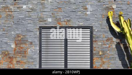 Closed black metal window in an irregular wall of stone bricks with a green cactus sticking out on one side Stock Photo