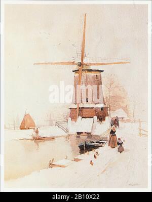 Volendam molen winter - Illustration by Henri Cassiers (1858 - 1944) Stock Photo
