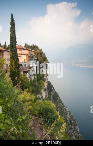 View of Hotel Miralago and Lake Garda, Pieve di Tremosine, Brescia, Italy Stock Photo