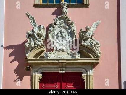 Baroque carvings at portal of Church of St John the Baptist in Cieplice Zdroj spa town district of Jelenia Gora, Lower Silesia, Poland Stock Photo