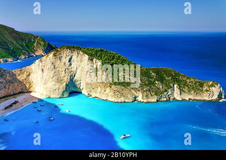 Shipwreck beach at Navagio bay located on Zakynthos island, Greek. One of the most famous beaches in the word. Very popular spot for tourists and phot Stock Photo