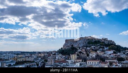 Greece. Athens aerial view. Cityscape with the Acropolis hill and Parthenon temple, sunny day, blue sky Stock Photo