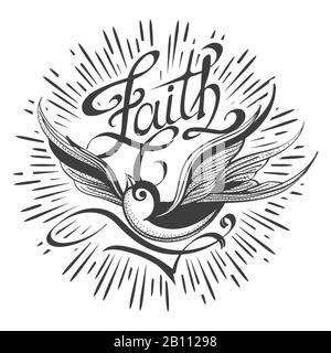 Flying Swallow and hand made Lettering Faith Retro tattoo. Vector illustration. Stock Vector