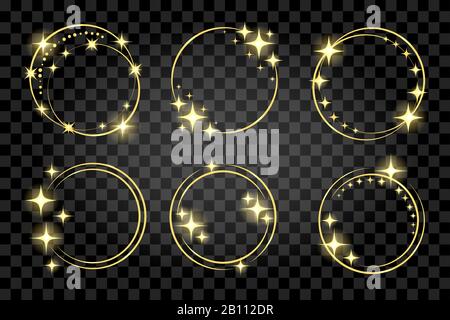 Golden Circle Ring Frames with Shining stars isolated on transparent background. Vector illustration. Stock Vector