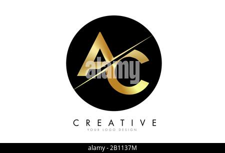 AC A C Golden Letter Logo Design with a Creative Cut. Creative logo design with Black Circle Background. Stock Vector