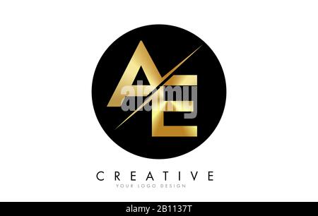 AE A E Golden Letter Logo Design with a Creative Cut. Creative logo design with Black Circle Background. Stock Vector