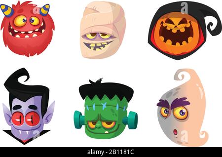 Halloween characters icon set. Cartoon head avatars of pumpkin Jack o lntern, zombie, vampire, red monster, mummy and ghost. Stock Vector