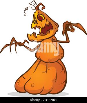 Halloween scarecrow with pumpkin head. Vector cartoon pumpkin monster with smiling expression isolated on white Stock Vector