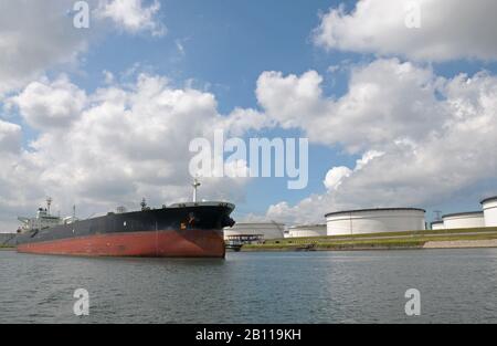 Oil tanker moored at storage terminal