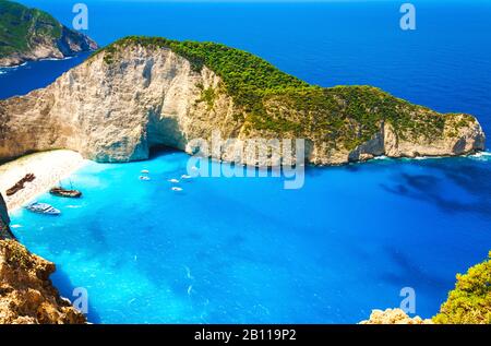 Shipwreck beach at Navagio bay, Zakynthos island, Greek. Very popular spot for tourists and photographers. One of the most famous beaches in the word. Stock Photo