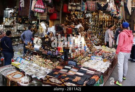 Cairo, Egypt. 16th Feb, 2020. Tourists are seen in the Khan el-Khalili bazaar market in Cairo, Egypt, Feb. 16, 2020. Having lost its typical scene of buzzing foreign tourists, Egypt's centuries-old Khan el-Khalili market in Old Cairo has been hit hard since the suspension of flights to and from China earlier in February over the novel coronavirus outbreak.TO GO WITH: 'Feature: Egypt's famed bazaar yearns for Chinese tourists after suspension of flights' Credit: Ahmed Gomaa/Xinhua/Alamy Live News Stock Photo