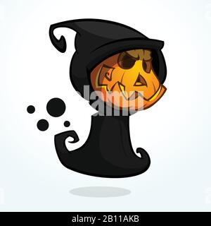 Cartoon Grim Reaper With Pumpkin Face isolated on white. Halloween Vector Illustration of angry pumpkin head Stock Vector
