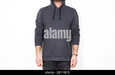Blank sweatshirt mockup, male model, isolated background, cotton fabric hoodie design presentation Stock Photo