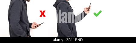 a man with a bad posture having back pain due to a smartphone Stock Photo