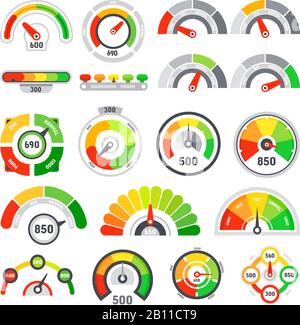 Credit score speedometer. Goods rating indication, good gauge indicator and graph speedometers level indicators isolated vector set Stock Vector