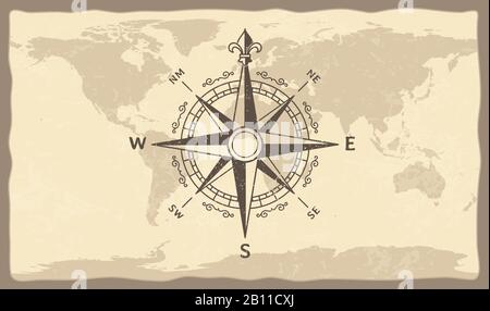 Antique compass on world map. Vintage geographic history maps with marine compasses arrows vector illustration Stock Vector