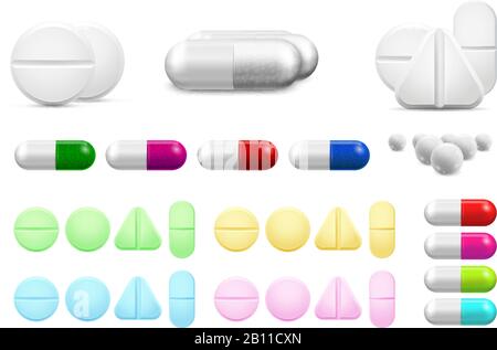 Isolated healthcare white pills, antibiotics or painkiller drugs. Vitamin pill, antibiotic capsule and pharmaceutical drug vector set Stock Vector