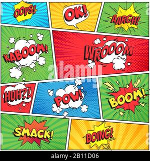 Comics page. Comic book grid frame, funny oops bam smack text speech bubbles on color stripes background vector layout template Stock Vector
