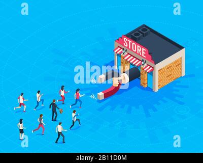 Store attraction customers. Market magnet attracted loyal customer. Inbound marketing attract clients vector isometric concept Stock Vector