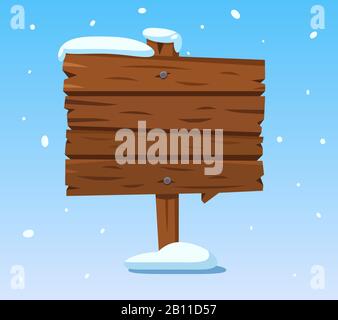 Wooden sign in snow. Christmas winter holidays signpost. Cartoon wood vector sign Stock Vector