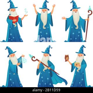 Cartoon wizard character. Old witch man in wizards robe, magician warlock and magic medieval sorcerer isolated vector set Stock Vector