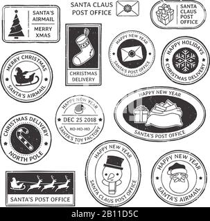 Christmas stamp. Vintage Santa Claus postmark, north pole mail cachet and snowflake symbol on stamps vector illustration set Stock Vector