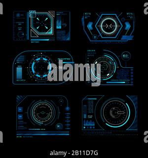 Futuristic virtual screen. Monitoring hud panel frame with tracking aim. Computer systems display tech process graph vector concept set Stock Vector