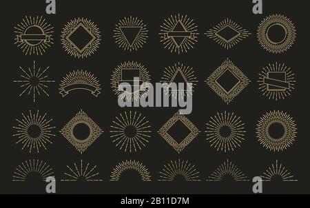 Gold sunburst. Retro burst radial emblem. sunrise sparkle shapes. Sunshine, shine rays vector labels Stock Vector