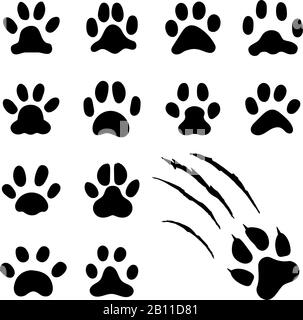 Pets paw footprint. Cat paws prints, kitten foots or dog foot print. Pet rescue logo isolated vector symbol Stock Vector