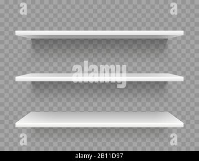 White empty product shelves. Supermarket display, promotional store shelf vector template Stock Vector
