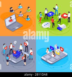 Social media isometric concept. Digital marketing and online advertising agency. Ads hashtag, likes and followers vector illustration Stock Vector