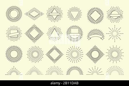 Sunburst set. Vintage burst radial emblem. Sunrise explosion frames. Sunshine vector hipster graphic isolated Stock Vector