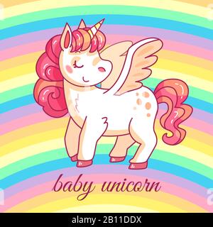 Cute baby unicorn. cartoon fairy magic pony on rainbow. Funny horse girlish t-shirt or sticker vector design Stock Vector
