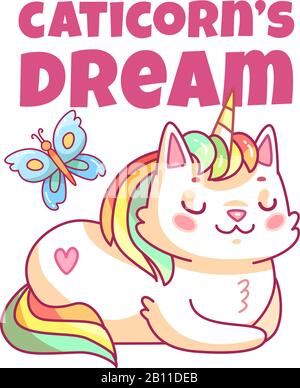 Cat unicorn poster. Cute cartoon caticorn, funny magic kitty pet. Kids girl clothes print vector Stock Vector